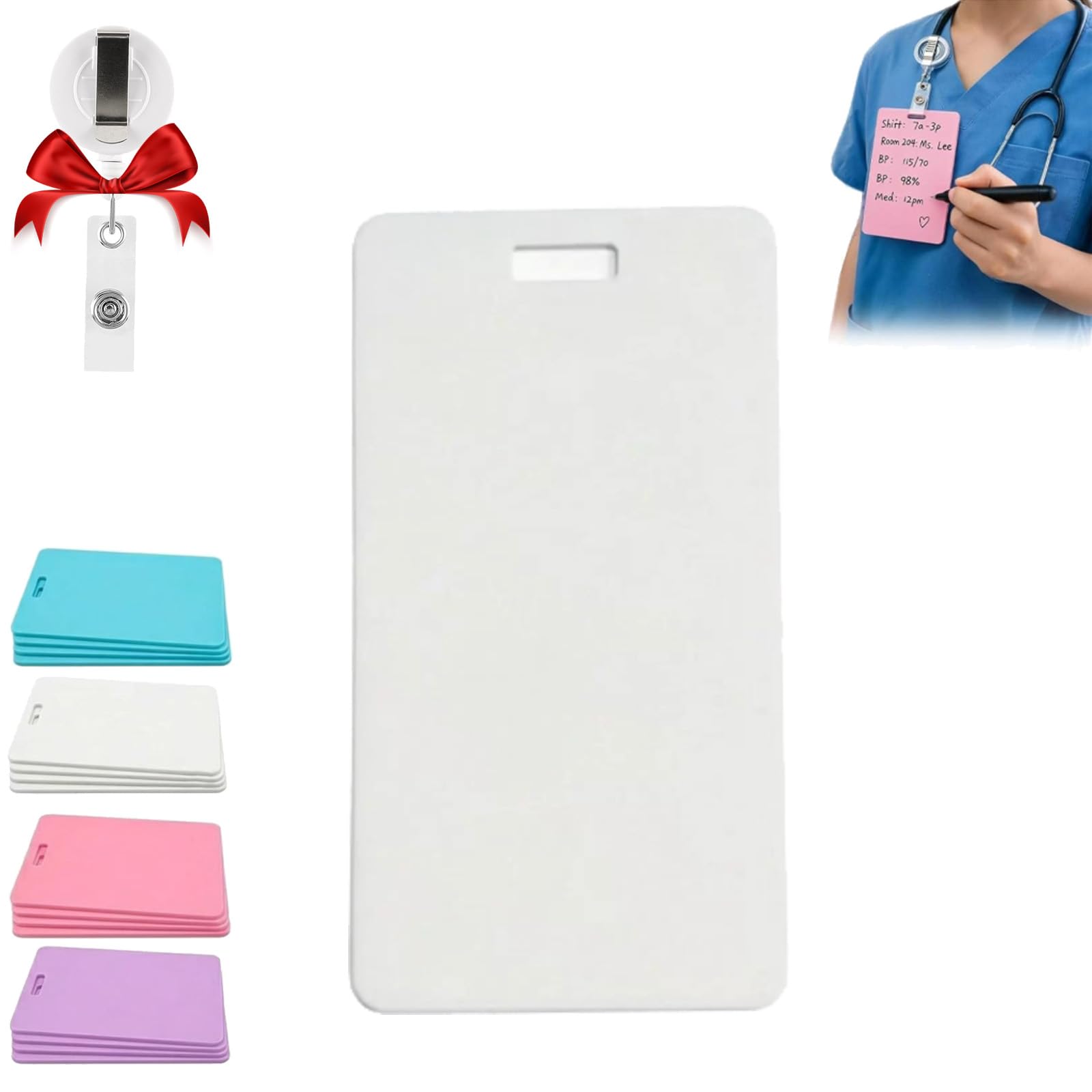 Erasable Badge Note, Mini Erasable Whiteboard for ID Badge, Reusable Silicone Badges Notepad, Ballpoint Pen Write & Alcohol Erasure, Portable for Nurses, Doctors & Teachers (White,Vertical)