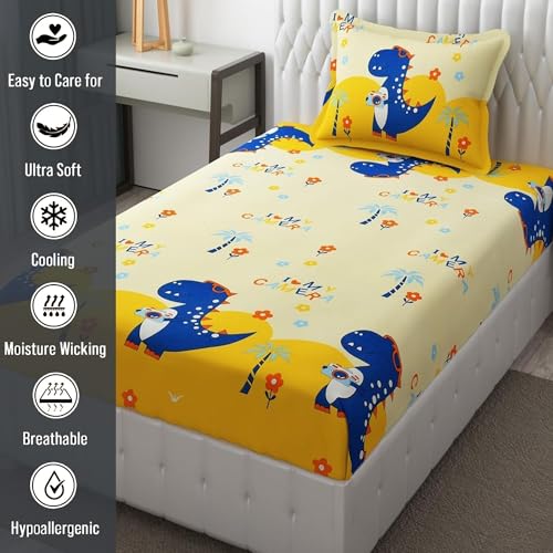 Image of Filymore Dino Camera Elastic Fitted bedsheet for Kids Room Single Bed 240 TC Soft Microfiber 1 bedsheet and 1 Pillow Cover (Size 72x36 inches) fit up to 6 inches Mattress(offwhite and Yellow)