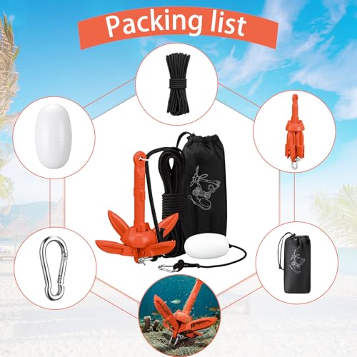 Image of MorningRo 1 Pack 1.5 /3.5 lb Marine Kayak Anchor Kit with 40ft Rope and Buoy Folding Grapnel Boat Anchor Kit Kayak Fishing Accessories for Small Boats, Canoe, SUP Paddle Boards