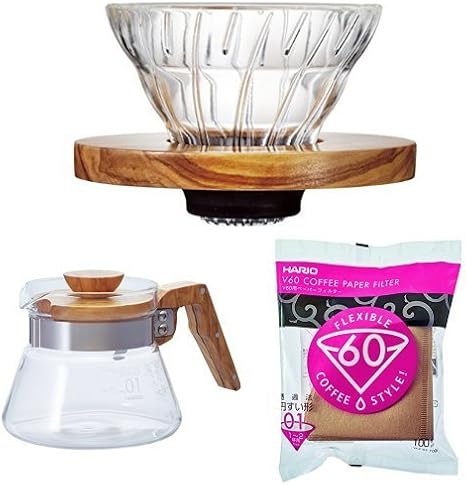 Amazon Co Jp セット買い Hario ハリオ V60 コーヒードリッパー オリーブウッド コーヒーサーバー オリーブウッド 専用ペーパーフィルター 1 2杯用 セット ホーム キッチン