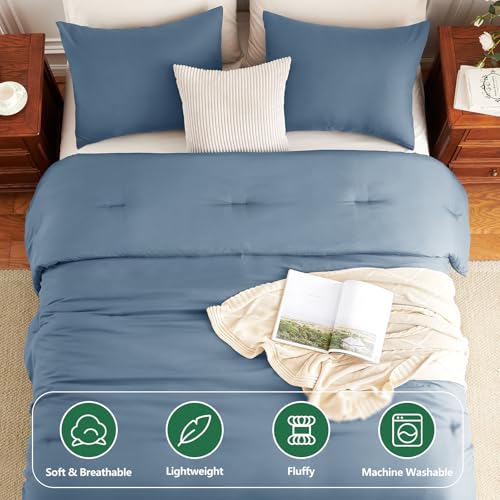Image of HIMEET Full Size Comforter Sets, 3 Pieces with 2 Pillowcases, Grayish Blue | 270GSM Down Alternative Fill, Oeko-TEX Certified, 8 Corner Ties Quilted, All Season, Fluffy Bed Set, Bedroom Decor Bedding