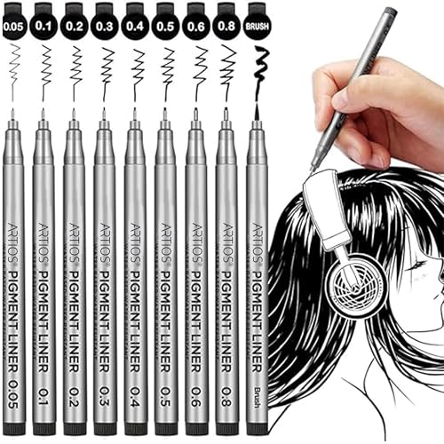 Image of ARTIOS Premium Fineliner Pens - Set of 9 Black Micro Pens (0.05mm to 0.8mm) | Fine Liners for Writing, Drawing, Sketching & Mandala Art | Archival Quality Ink - Waterproof, Fade-Proof, Smudge-Proof