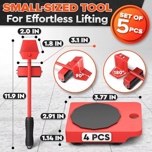 Image of Furniture Lifter Tool Set with Carbon Steel Lever, Rubber Grip Handle & 4 ABS Plastic Roller Wheels, Supports up to 100 kg, Heavy Duty Moving Kit for Washing Machine, Sofa & Bed, Easy Shifting