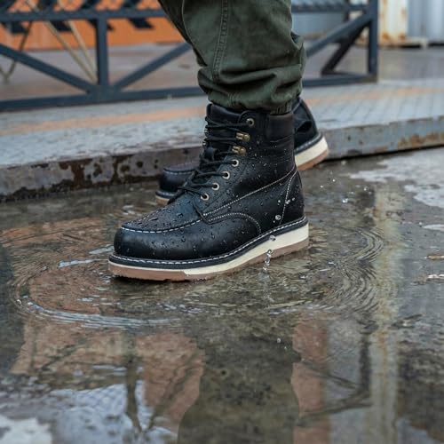 Image of Moc Toe Work Boots for Men Waterproof Soft /Steel Toe Comfortable Full Grain Leather Non Slip Wedge Outsole Construction 6 inch Workboots