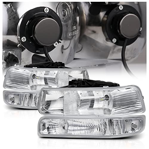 M-AUTO 4PC Headlights Assembly w/PRE-ASSEMBLED 6000K LED BULBS Compatible with 99 00 01 02 Chevrolet Silverado 1500HD 2500HD 3500HD / 00-06 Suburban 1500 2500 Tahoe 2/4-Door, Clear Corner Head lamps