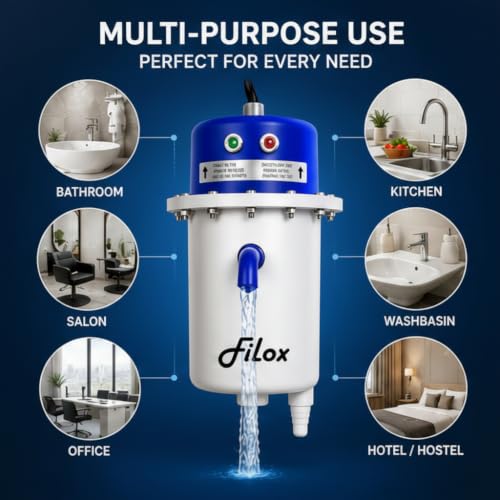 Image of Filox Instant Water Heater 1 Litre 3KW | Portable Mini Instant Electric Geyser | Copper Heating Element | Shockproof ABS Body | Auto Cut-Off Safety | Wall Mount Water Heater for Bathroom, Kitchen