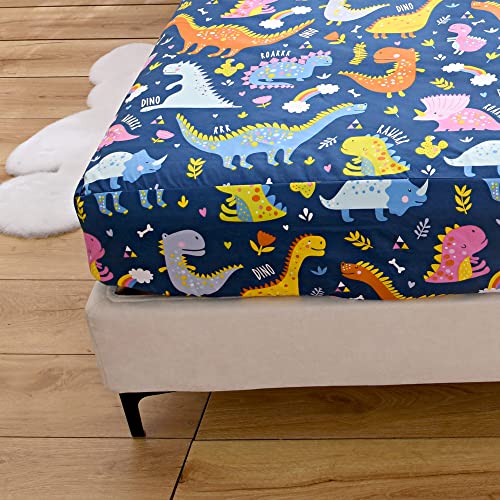 Naturety Kids Bedding Fitted Sheet With Deep Pocket,Thicken Dino Printed Bed Sheets For Teens (Navy Blue(Dinosaur), Twin) #TOP3