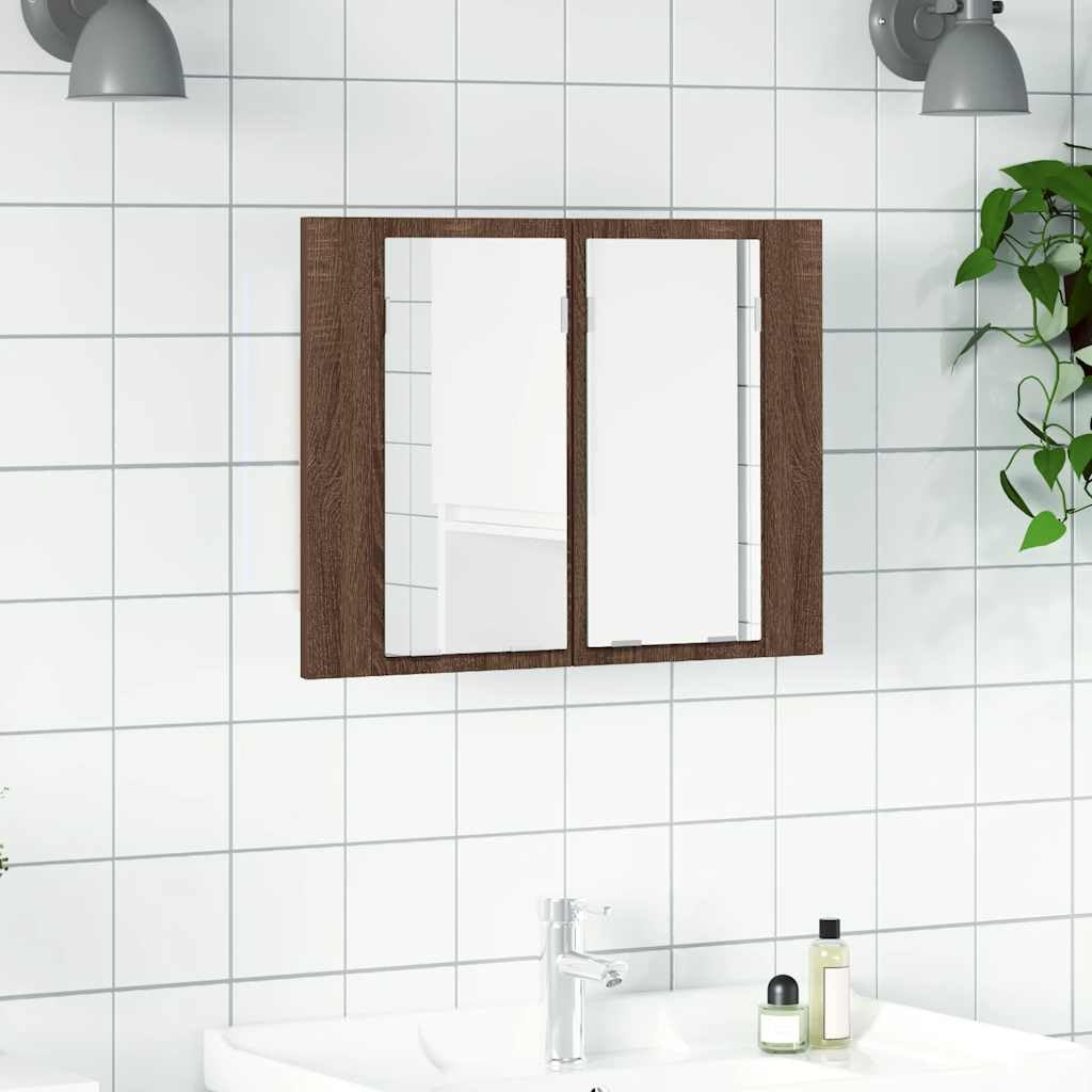 Szafki i przechowywanie, szafki toaletkowe, szafki łazienkowe LED, szafka z lustrem, brązowy dąb, 60 x 12 x 45 cm, drewno inżynieryjne