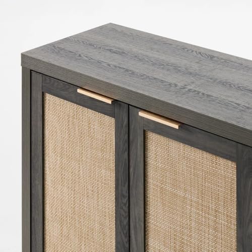 Image of OAKHAM HOME Rattan Sideboard Cabinet with Storage, Black Oak | Buffet Cabinet with 2 Soft-Close Doors, Adjustable Shelves and 110 lbs Top, For Living Room, Kitchen, Entryway