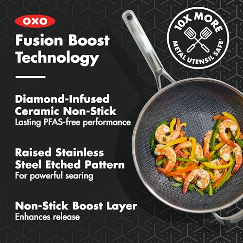 Image of OXO Hybrid 12 inch Nonstick Wok with Glass Lid, PFAS-Free Ceramic Stir-Fry Pan, Induction & All Cooktop Compatible, Dishwasher Safe, Fusion Boost Tech for Powerful Searing, Mirror Polished Tri-Ply