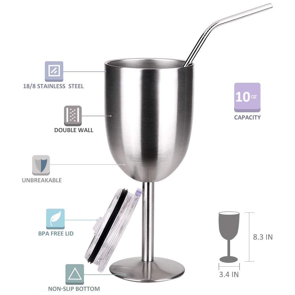 AMZUShome Stainless Steel Wine Glasses Cups.Double Walled Vacuum Insulated Wine Tumbler With Lid and Straw.Friendship,Christmas,Birthday Gifts for Women Men Friends Dad Mom(10oz Rose Gold)