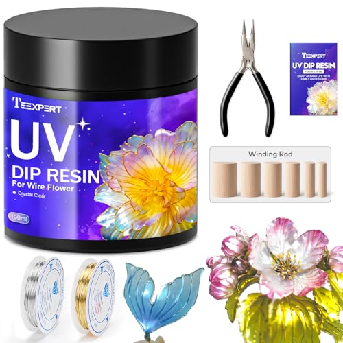 Teexpert UV Dip Resin for Wire Flowers Kit, 100g Crystal Clear UV Resin Starter Kit with 6 Winding Rods, Pliers, 2Pcs 31FT Wires for Jewelry Making, Fast Cure Thick Glue for DIY Flower Decoration