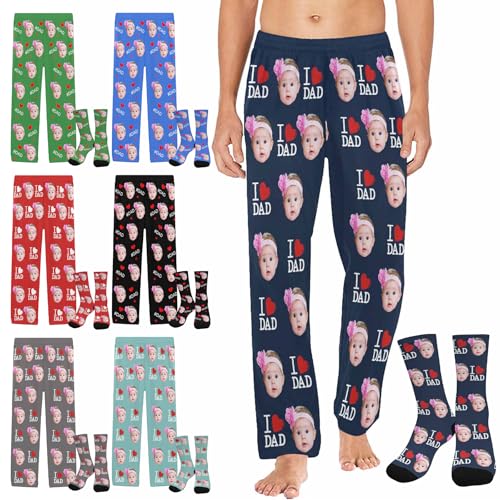 Personalized Pajama Bottoms Socks for Men Women, Funny Design with Face Christmas Pajama for Dad from Wife Daughter
