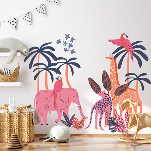 Image of Jungle Theme Wall Sticker for Kids Room Decor - Fun Animal Growth Chart with Giraffe, Elephant, Tiger, Panda, and More - Peel & Stick Removable Nursery Wall Decal (E, Medium)