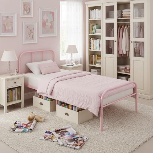 ZZINOKE Métal Cadre de Lit, Lit Enfant 90x190cm, avec Tête et Pied, Lit Fille, avec Sommier à Lattes, Adapté aux Petits Espaces, Nombreux Rangements sous...