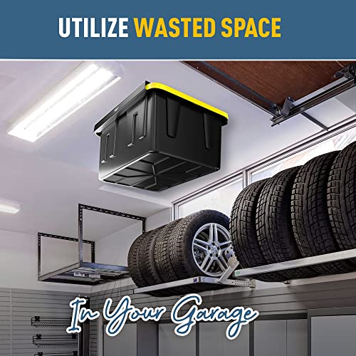 Image of Koova Heavy-Duty Overhead Garage Storage Rack for 1 Bin. Adjustable Width, 40lb Capacity. DIY Super Safe Ceiling Mount, Easy 4-Bolt Install. Fits 27-Gallon Tote. USA Made Steel. Space Saving Organizer