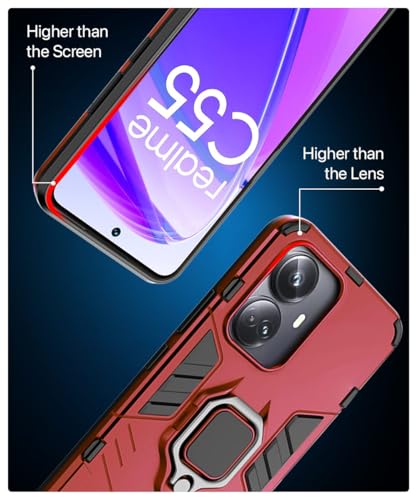 Image of WOW IMAGINE Shock Proof Back Case Mobile Cover for Realme C55 | Realme Narzo N55 | Back Cover Case (Tough Armor | Hybrid PC + TPU | Ring Holder & in-Built Kickstand | Red)