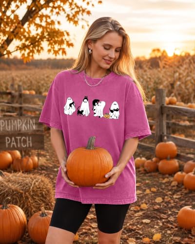 Aiyino Womens Halloween Ghost Cat Vintage Washed Graphic Tee Pink L - image 3