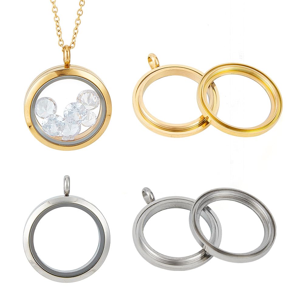 DELORIGIN 4pcs Photo Locket Charms Necklace 2 Color Round Stainless Steel Locket Pendants Crystal Double-Sided Picture Frame Memory Locket Charm with 17.7inch Chain for Wedding Jewellery Making Photo