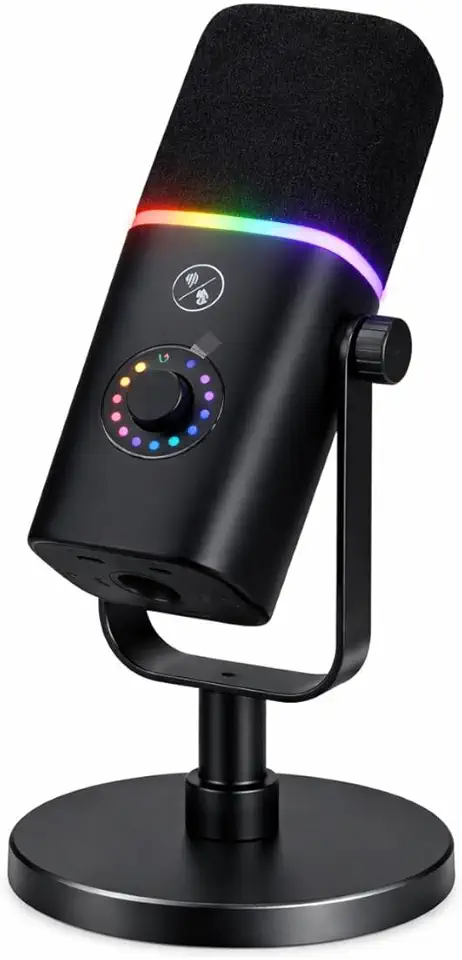 Microfone Dinâmico Gamer RGB 48kHz Conexões USB/XLR com Base Suporte e Monitoramento P2 Mute Plug & Play para Jogos, Streaming Lives, Podcast