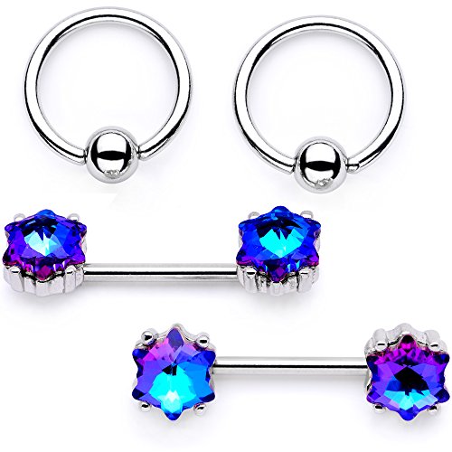 Body Candy Nipplerings Piercing Women 14G Stainless Steel 4Pc BCR Blue Barbell Nipple Ring Set