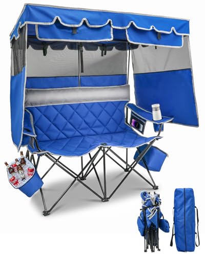 HOPERAN Double Camping Chair with Canopy Heavy Duty 660lbs Double Beach Chair with Umbrella Cooler & Cup Holder Oversized Folding loveseat with Shade for Outside Sports Beach Lawn Fishing