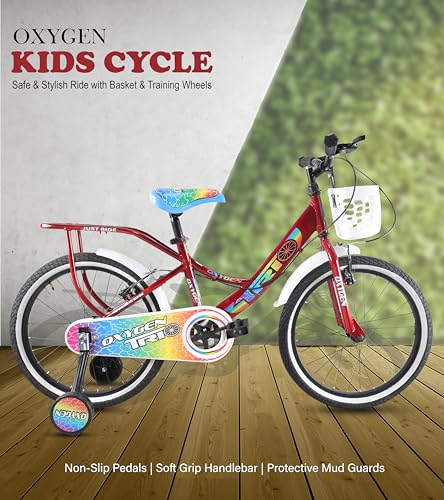 Image of OXYGEN Trio 20T Kids Bicycle for Boys & Girls 5-10 Years, 20 Inch Single Speed Cycle with Training Wheels, Basket, Rear Carrier, High Tensile Steel Frame, Front & Rear Brakes, Red, Semi-Assembled