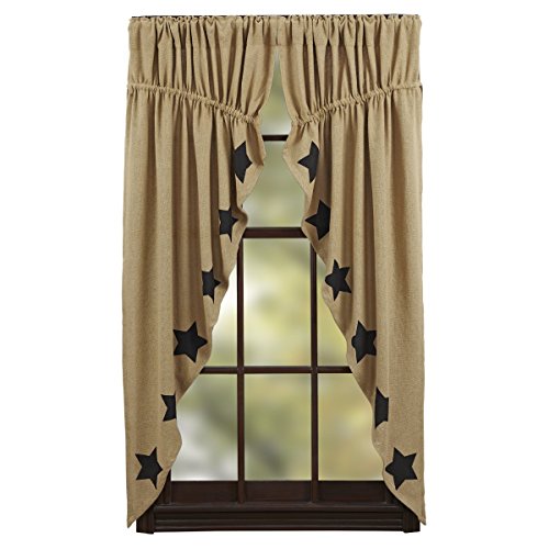 VHC Brands Burlap with Black Stencil Stars Prairie Short Panel Set of 2 63x36x18 Country Curtains, Tan