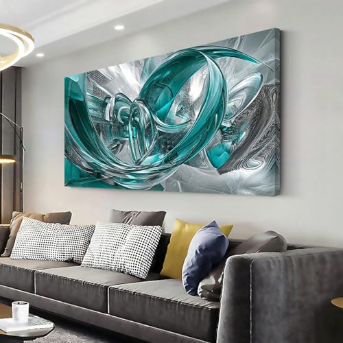 Tableau abstrait minimaliste géométrique turquoise de 55x110 cm