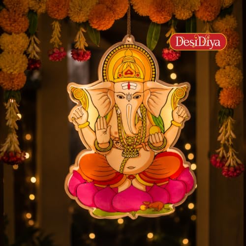 Image of Desidiya Lord Ganesha LED Hanging Light | Warm White Double-Sided Decor | Perfect for Diwali, Ganesh Chaturthi, temples, pooja rooms, entrances and gifting.