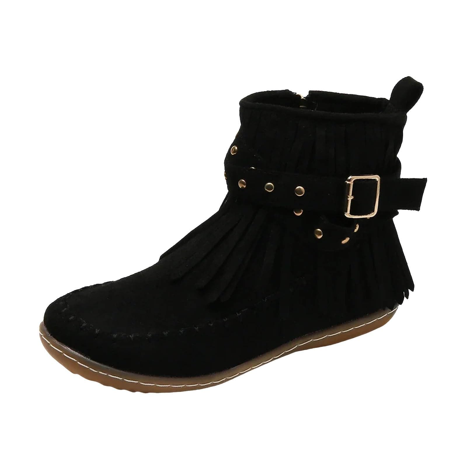 Womens Fringe Ankle Boots Trendy Cowboy Cowgirl Boots Retro Round Toe Fringe Buckle Strap Ankle Boot Tassel Knight