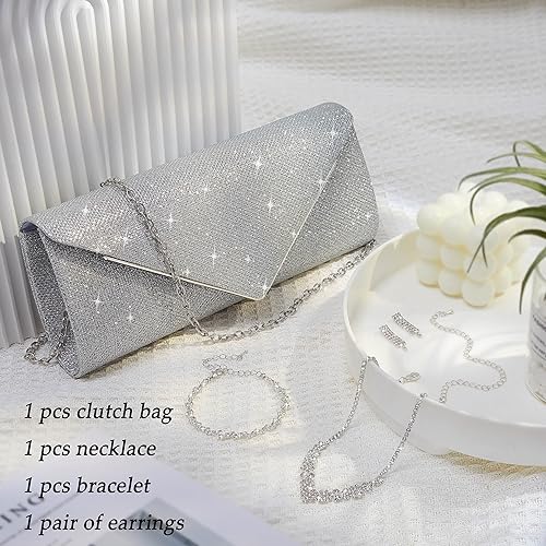 Image of 4Pcs Silver Clutch Bag Jewelry Set For Women Rhinestone Shiny Evening Purse Handbag Clutches Purses For Wedding Party Gift (Elegant Style)