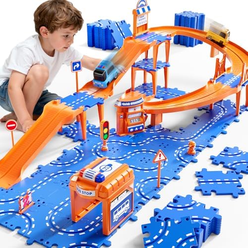 Puzzle Race Car Track Set for Kids 3-5, Floor Puzzle Track Car Se...