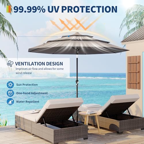 9Ft 3 Tiers Market Umbrella Outdoor, 3 Tiers Heavy Duty Patio Umbrella 8 Ribs, Outdoor Market Table Umbrellas with Ventilation and Hand Crank