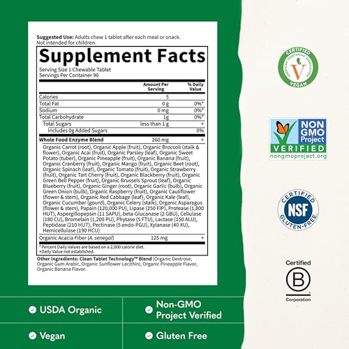 Image of Garden of Life Digestive Enzymes with Papain, Bromelain and Lipase for Nutrient Absorption and Digestion Support, Tropical Fruit Flavor, Dietary Supplement, Certified Vegan, 90 Chewables