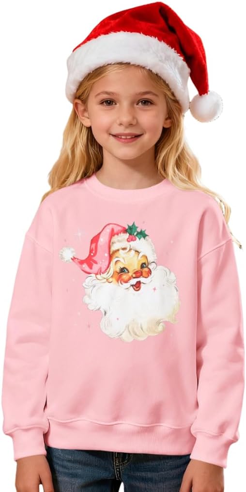 KEKEMI Christmas Sweatshirts for Girls Cute Santa Claus Hat Pullover Shirt Retro Xmas Long Sleeve Holiday Tops Winter Clothes