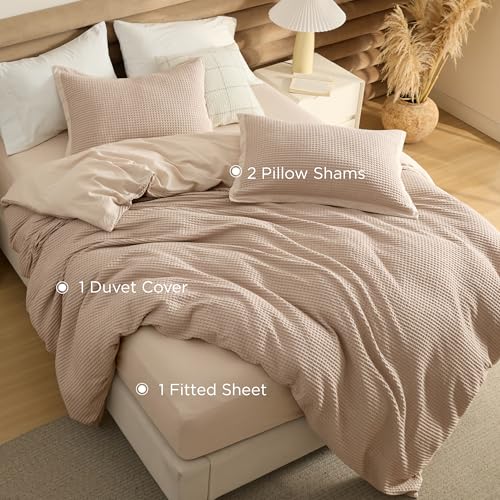 Image of Bedsure 100% Cotton Waffle Duvet Cover Set with Fitted Sheet, Queen, Khaki | Waffle Texture, Breathable, Skin-Friendly, OEKO-TEX Certified, Good Housekeeping Seal, All-Season, Machine Washable