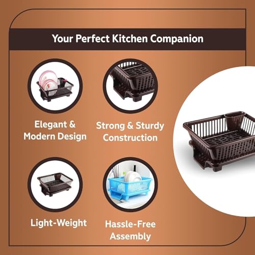 Image of Dish Rack Dish-Rack 3 in 1 Large Durable Plastic Kitchen Sink DishRack Drainer Drying Rack Washing Basket with Tray for Kitchen, DishRack Organizers, Utensils Tools Cutlery (Brown)