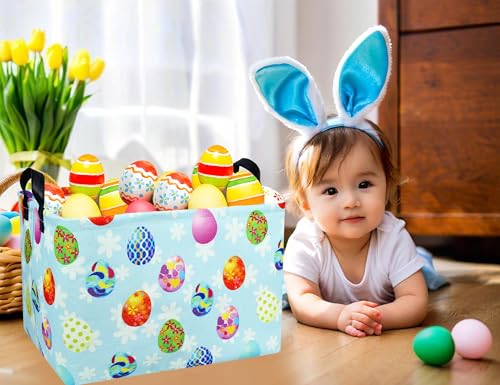 Image of Rectangle Empty Easter Baskets Boy Large Toy Storage Bin Girls collapsible Hamper Waterproof Canvas Box Kid Gifts Spring Decor( Blue Creative Egg )