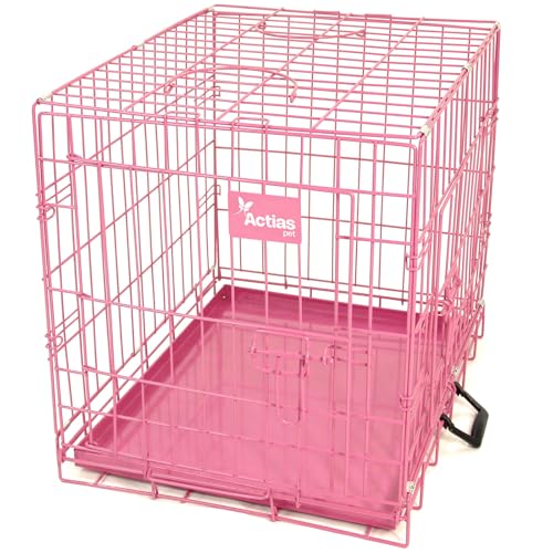 Actiaspet - Foldable Metal Dog Cage with Removable Tray (Pink, 30 Inch)