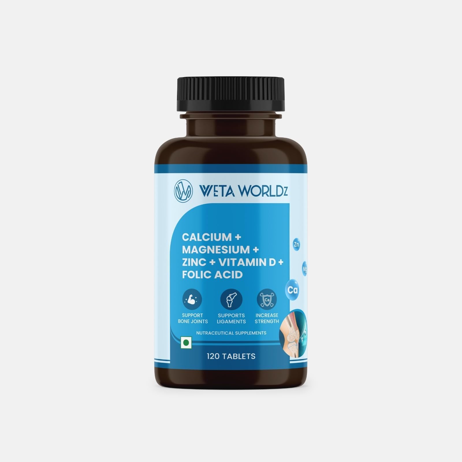 Weta Worldz 120Tablet Calcium, Magnesium, Folic Acid with Vitamin D3 & B12 | Ideal Supplement for Bone, Cartilage, Ligaments & Joint Health