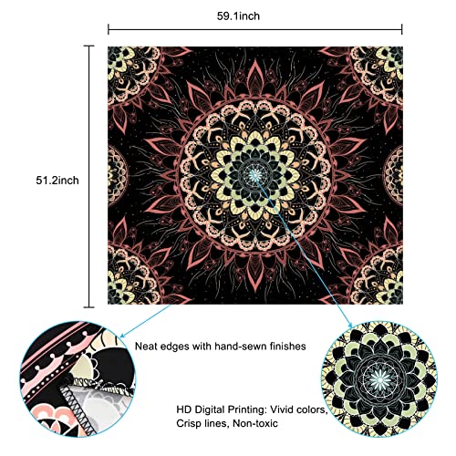 Yugarlibi Mandala Wandbehang Wandteppich Indisch Böhmisch Hippie Wandtuch Wand Deokration Rosa Lotos Tapisserie Ästhetisch für Zimmer Wohnheim Schlafazimmer, 150x130cm
