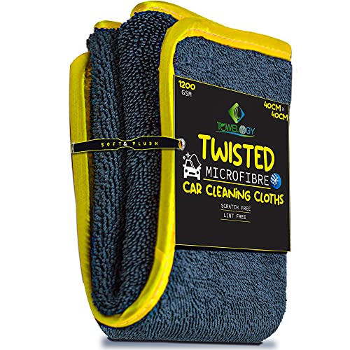 Chiffons de nettoyage de voiture en microfibre de qualité supérieure - 40 x 40 cm - Fibres torsadées de haute qualité - 1200 g/m² - Serviettes de séchage avec bords en soie (jaune, 1) Cover