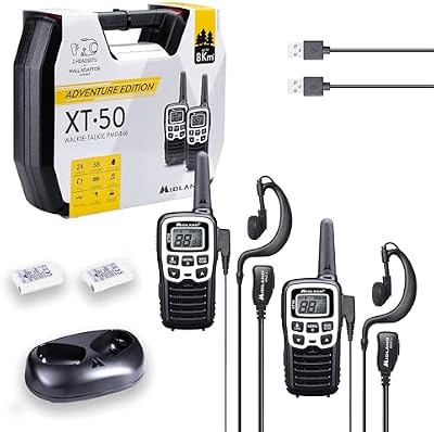 Midland - Walkie Talkie Profesional XT50, 2 Radios para Actividades al Aire Libre y Obras, 24 Canales PMR446 Sin Licencia, 38 Tonos CTCSS, Alcance 8Km, Cable USB Carga Rápida Incluido, Autonomía 12H