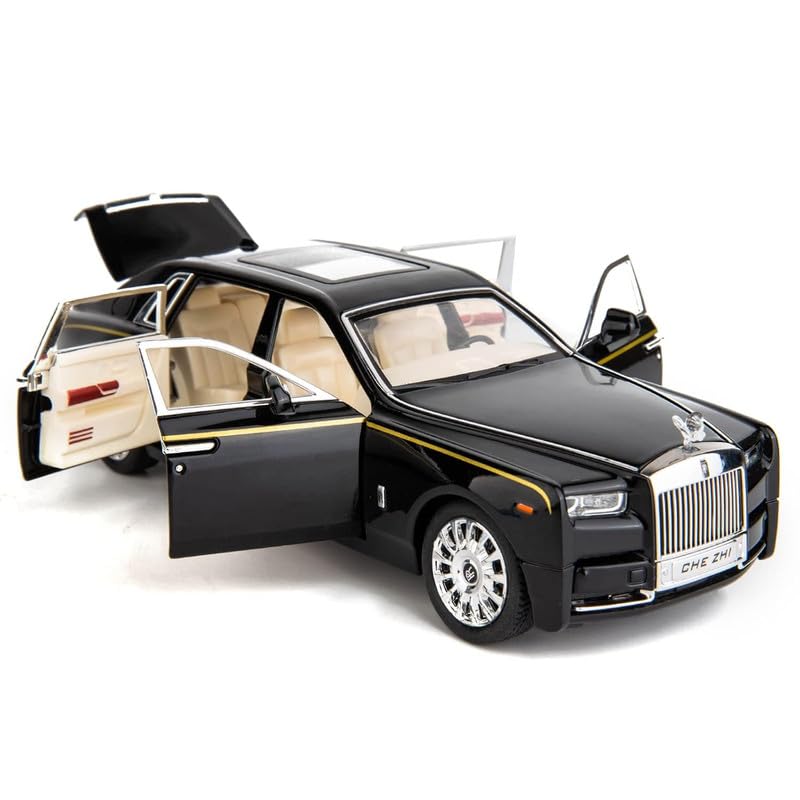 Image of Invite Enterprise Model Car Zinc Alloy Pull Back Toy Diecast Toy Cars with Openable Doors, Sound and Light for Kids Boy Girl Gift (1:24 Rolls-Royce Phantom(Black-Black)