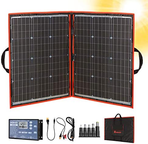 DOKIO 110w 18v Portable Foldable Solar Panel Kit (21x28inch, 5.9lb) Solar Charger With Controller 2 Usb Output To Charge 12v Batteries/Power Station (AGM, Lifepo4) Rv Camping Trailer Emergency Power