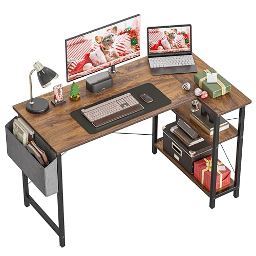 CubiCubi 40 Inch Small L Shaped Computer Desk with Storage Shelves Home Office Corner Desk Study Writing Table, Deep Brown
