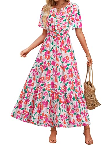Image of ZESICA Women's 2026 Summer Spring Floral Boho Maxi Dresses Casual Short Sleeve V Neck A Line Flowy Beach Vacation Dress
