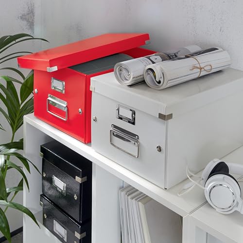 Leitz Click & Store Aufbewahrungsbox mit Deckel Mittel-Groß, Box für Unterlagen bis A4 im Büro u. Haushalt, Transportbox aus 85 % recycelter Premium-Hartpappe, Stabile Metallgriffe, Rot, 60440026