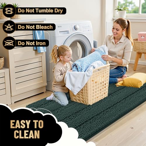 Image of OLANLY Thick Bathroom Runner Rugs 44x24, Extra Absorbent Chenille Striped Bath Rugs, Rubber Backing, Machine Wash, Long Bath Mats for Bathroom, Tub and Shower, Home Decor Accessories, Blackish Green